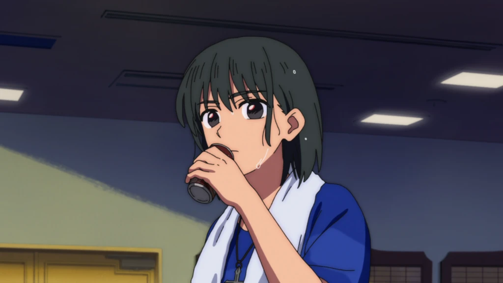 goodbye lara screenshot of a black haired soaking wet girl with a blue t-shirt and towel around her about to drink canned cocoa